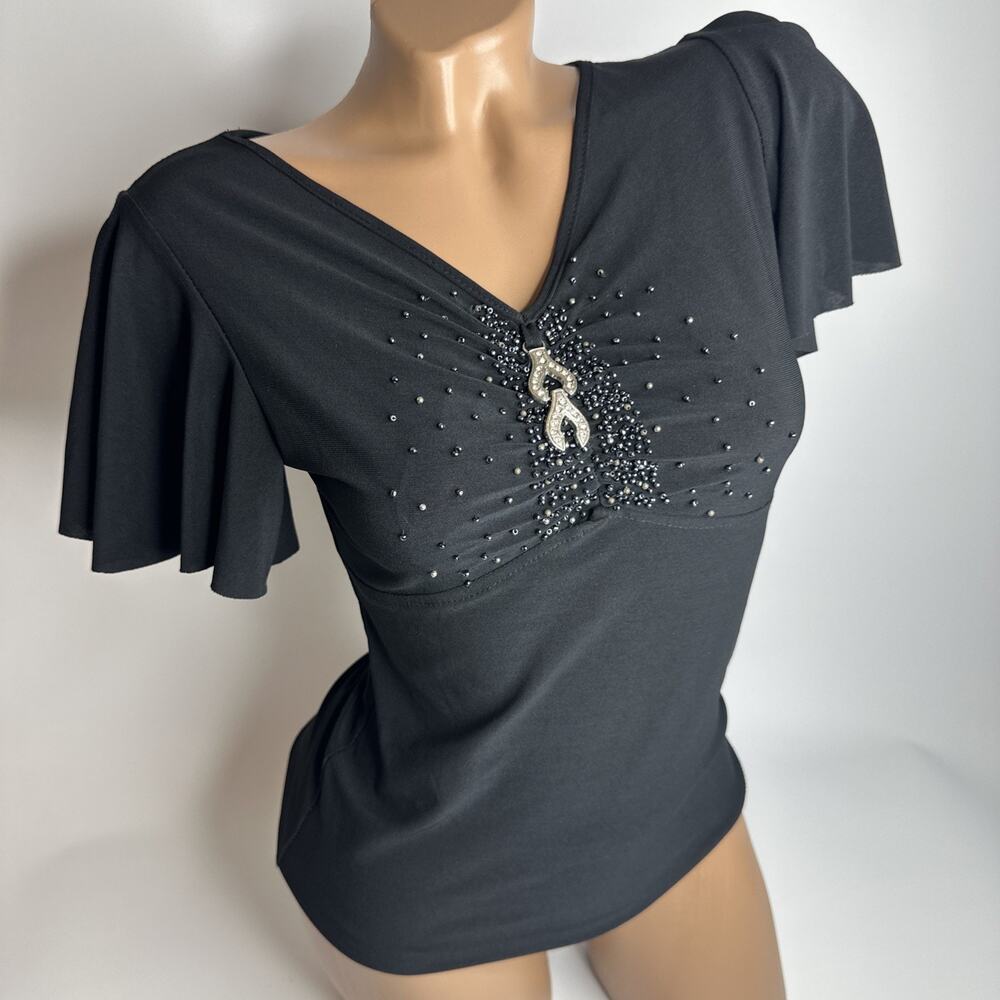 Y2K McBling Black Beaded Flutter Sleeve Top Small Rhinestone Pendant Glam Baddie